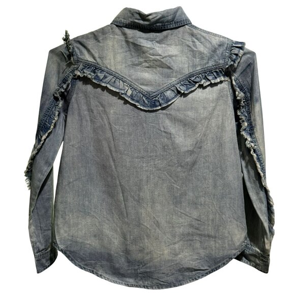 Generation Love Ruffle Fray Long Sleeve Button Up Denim Blouse Shirt Sz S - Picture 3 of 4